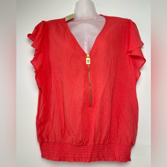 MK Michael Kors Orange Top Flutter Sleeves Smocked hips Women sz Large - Picture 1 of 8